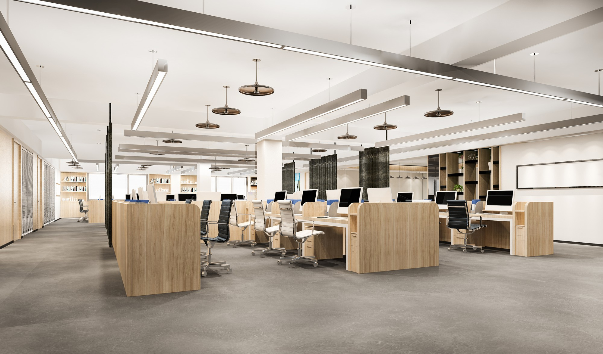 Open office with desks, seating and natural light