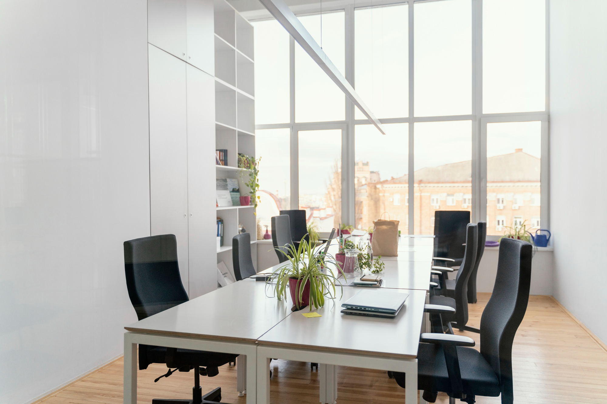 Light-filled office with desks and windows