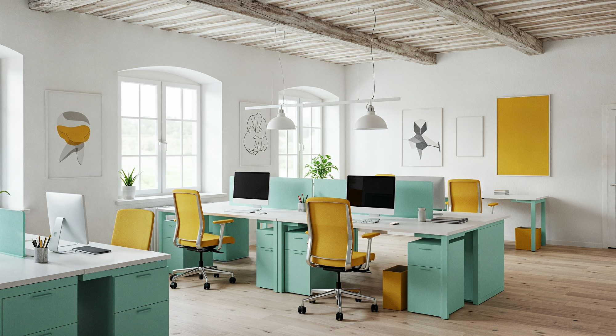 Colorful collaborative workspace and seating