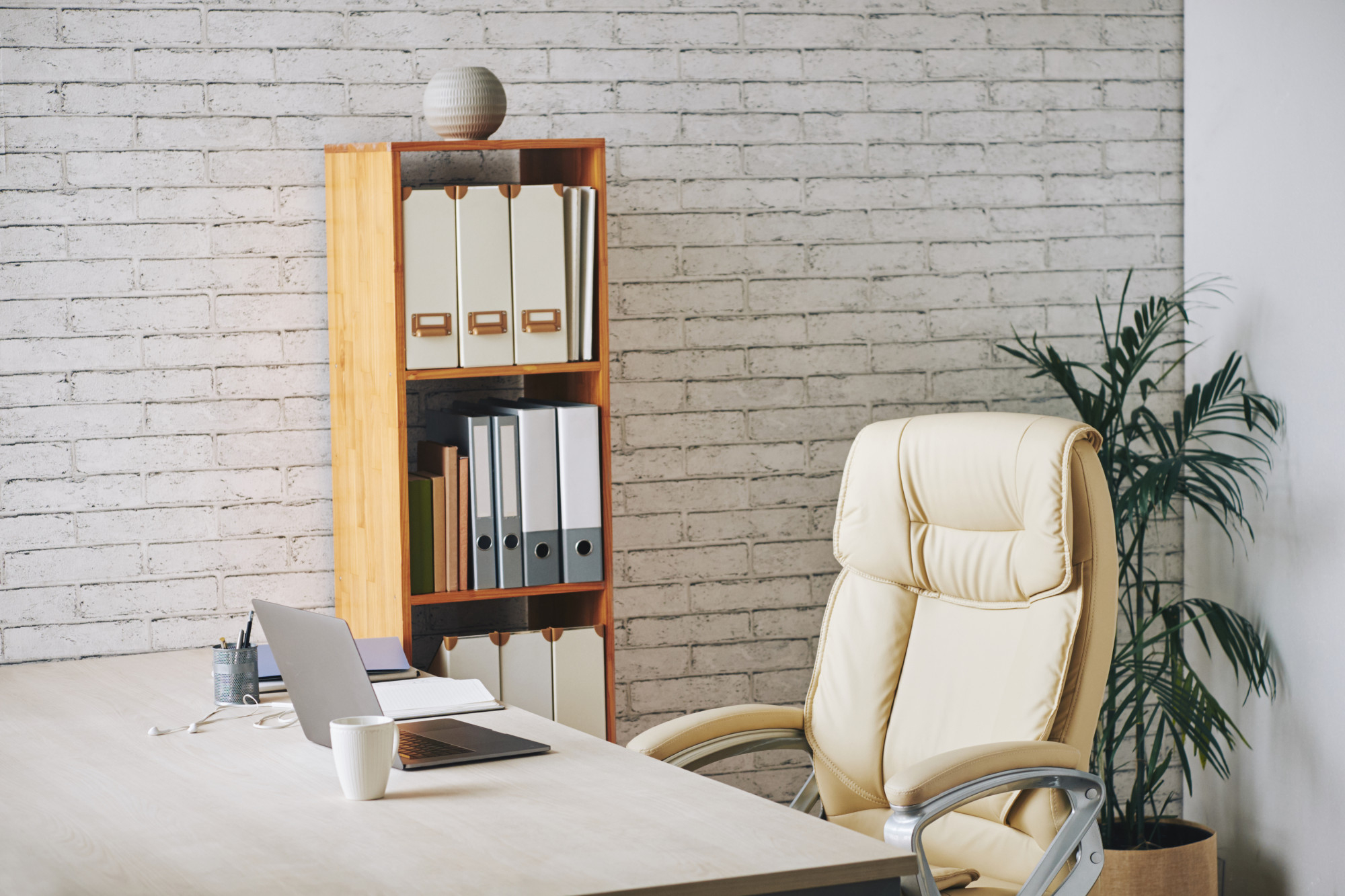Professional working beside a large office window
